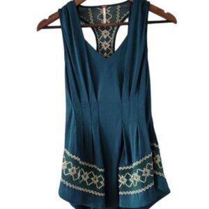 Free People Emerald Green Fitted Waist Gold Embroidered Tank Top Size XS